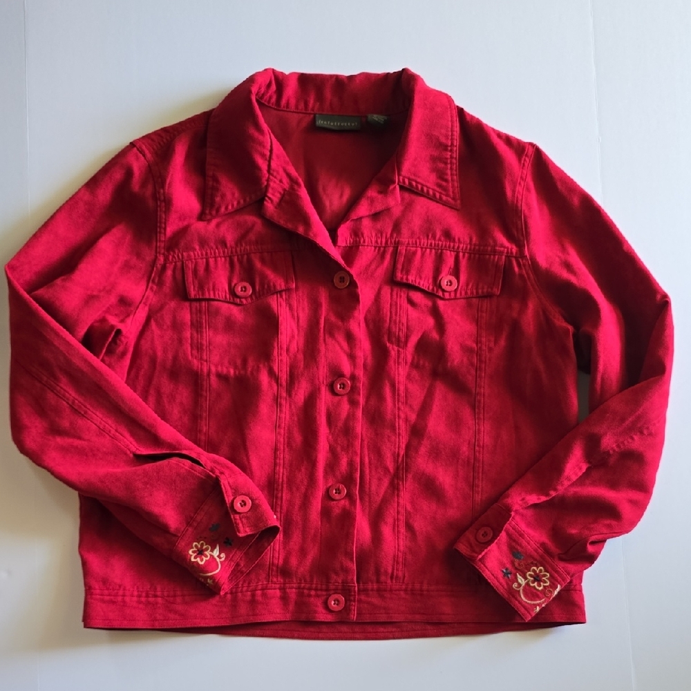 Relativity Red Button-Up Jean Jacket with Embroidered Cuffs